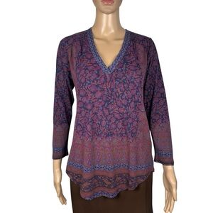 NWT New $70 Lucky Brand 3/4 Sleeve Print Cotton Viscose Linen Top SIze S